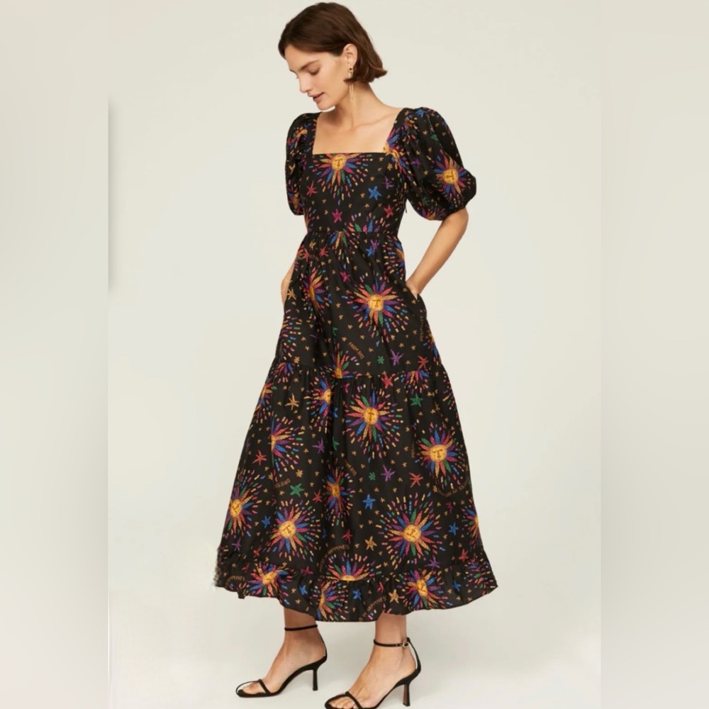 FARM Rio Black Maxi Dress with Colorful Sunburst Pattern